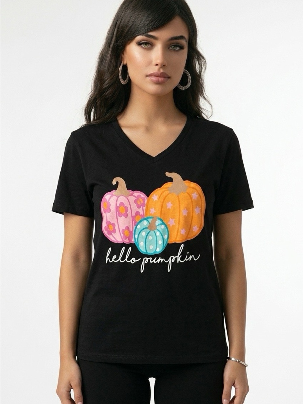 Hello Pumpkin Black V-Neck Tee - Women's Cute Pumpkin Graphic